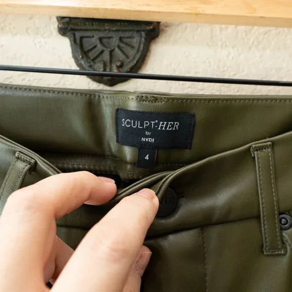 NYDJ Sculpt-Her Olive Faux Leather Straight Leg Pants Lift Tuck Women Size 4